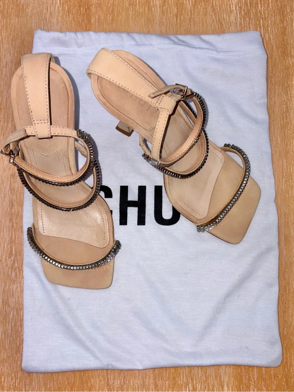 SCHUTZ Nude Strappy Heels with Silver Crystal Accents in Shoe Bag